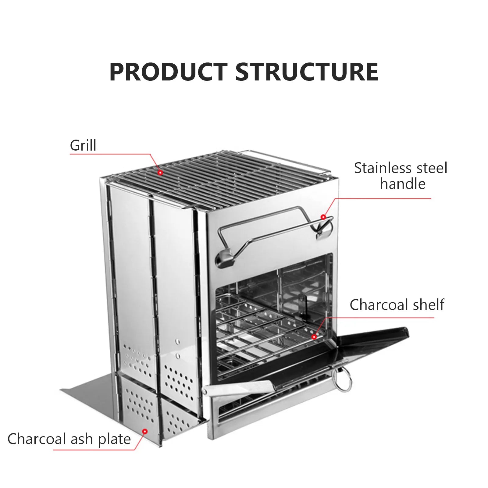 Draagbare RVS houtskoolgrill - Opvouwbare mini BBQ - Lichtgewicht kampeerbarbecue voor buiten, tuin & picknick - Bivakshop