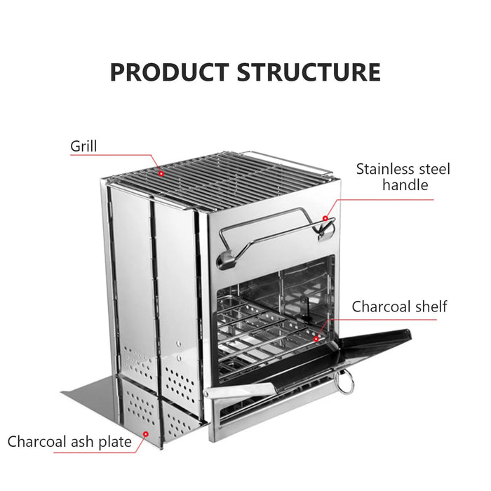 Draagbare RVS houtskoolgrill - Opvouwbare mini BBQ - Lichtgewicht kampeerbarbecue voor buiten, tuin & picknick - Bivakshop