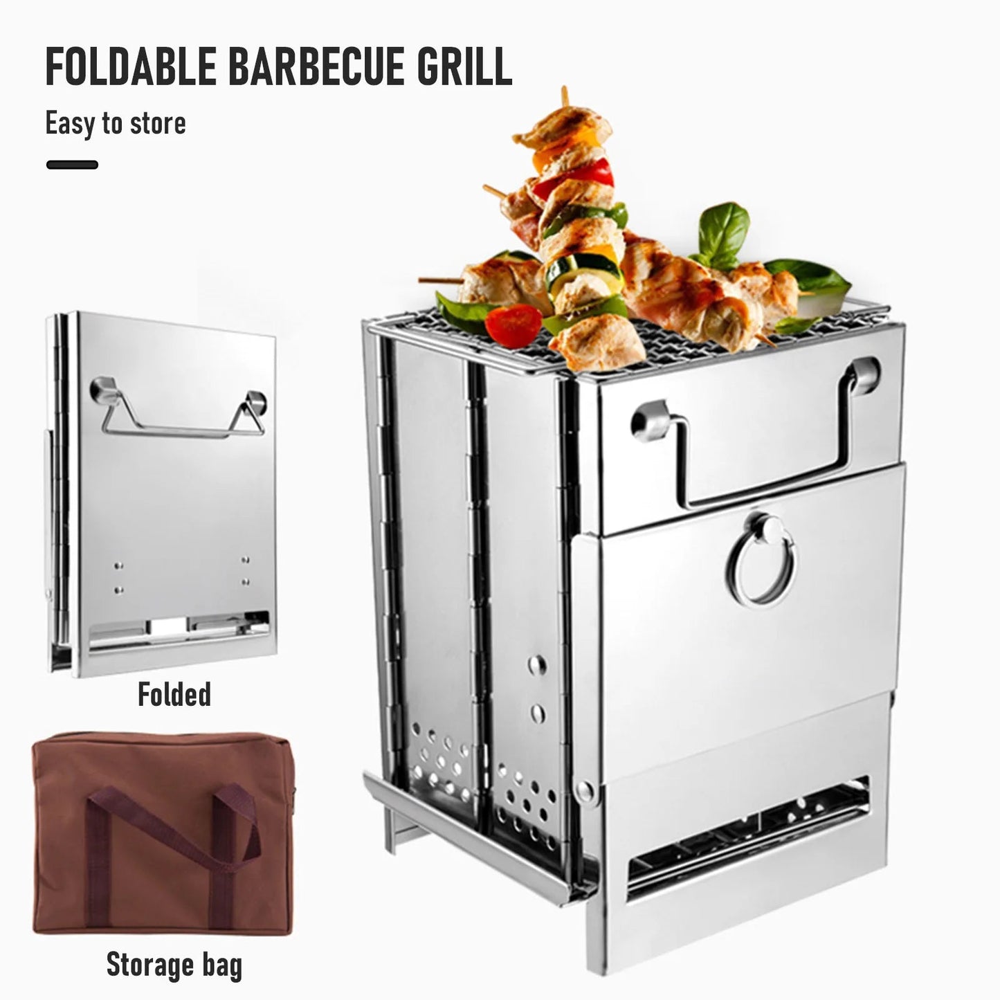 Draagbare RVS houtskoolgrill - Opvouwbare mini BBQ - Lichtgewicht kampeerbarbecue voor buiten, tuin & picknick - Bivakshop