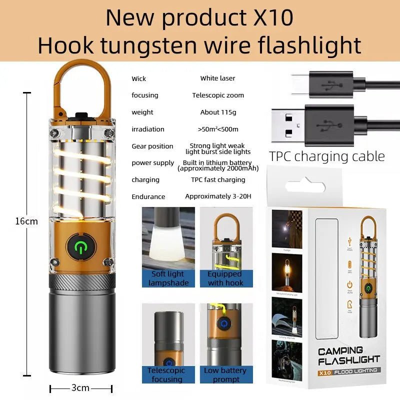Dual Source Strong LED Tungsten Lamp Telescopic Zoom Flashlight Waterproof Outdoor Camping Work Light Bright Torch With Hook - Bivakshop