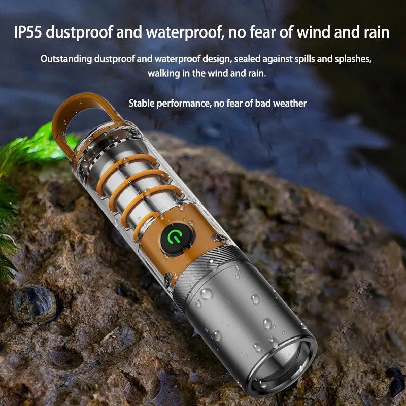 Dual Source Strong LED Tungsten Lamp Telescopic Zoom Flashlight Waterproof Outdoor Camping Work Light Bright Torch With Hook - Bivakshop