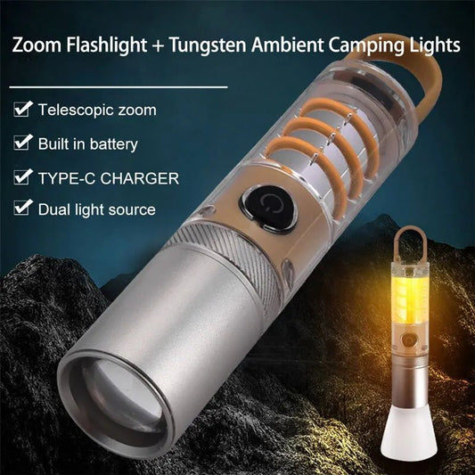 Dual Source Strong LED Tungsten Lamp Telescopic Zoom Flashlight Waterproof Outdoor Camping Work Light Bright Torch With Hook - Bivakshop