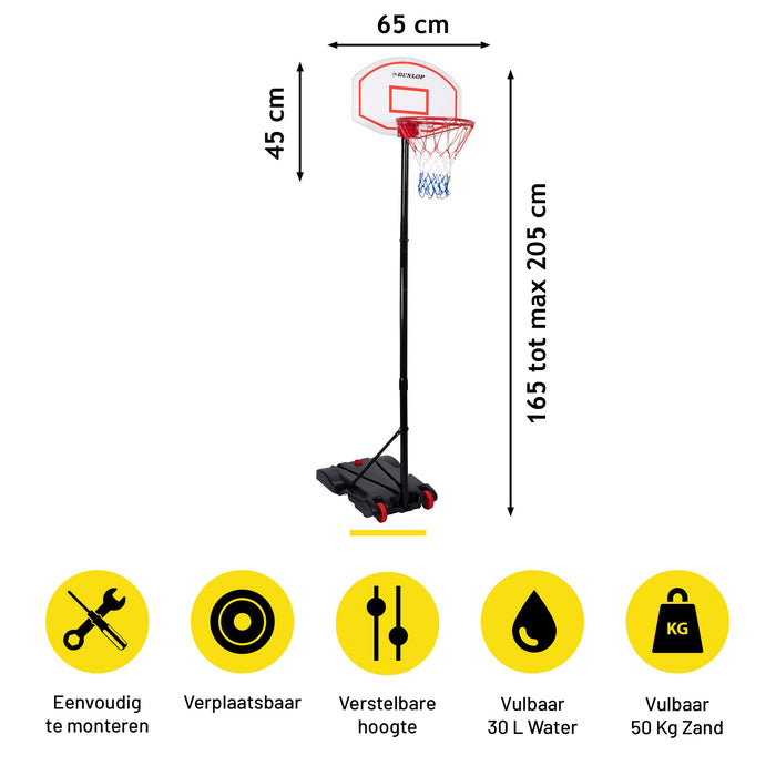 Dunlop - Basketbalstandaard Verstelbaar – 165 tot 205 cm – Verrijdbaar & Robuust - Bivakshop