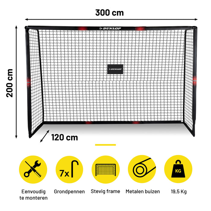 Dunlop - Groot Voetbaldoel – 300 x 200 x 120 cm – Extra Diep & Stabiel – Robuust Staal - Bivakshop