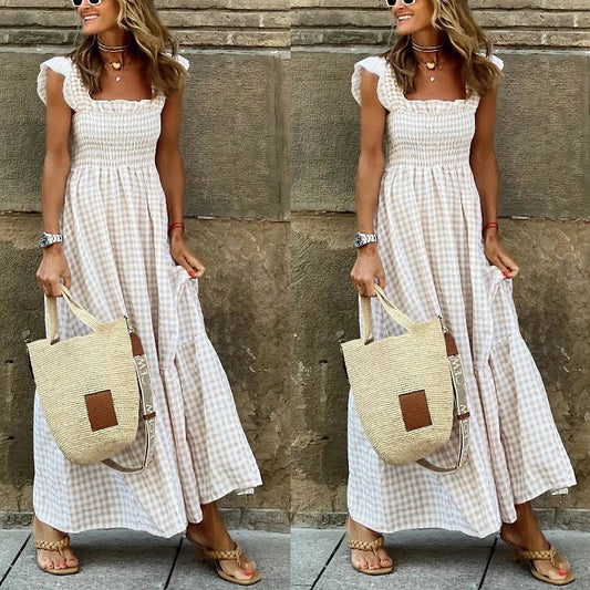 Elegante zomer jurk - Met ruime swing en gekleurde ruitprint - Met sweetheart halslijn - Bivakshop