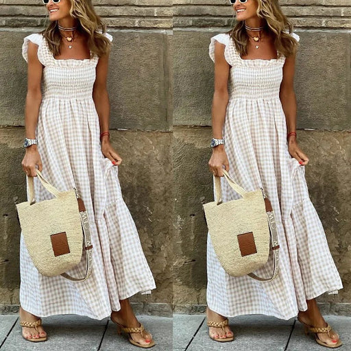 Elegante zomer jurk - Met ruime swing en gekleurde ruitprint - Met sweetheart halslijn - Bivakshop