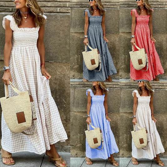 Elegante zomer jurk - Met ruime swing en gekleurde ruitprint - Met sweetheart halslijn - Bivakshop
