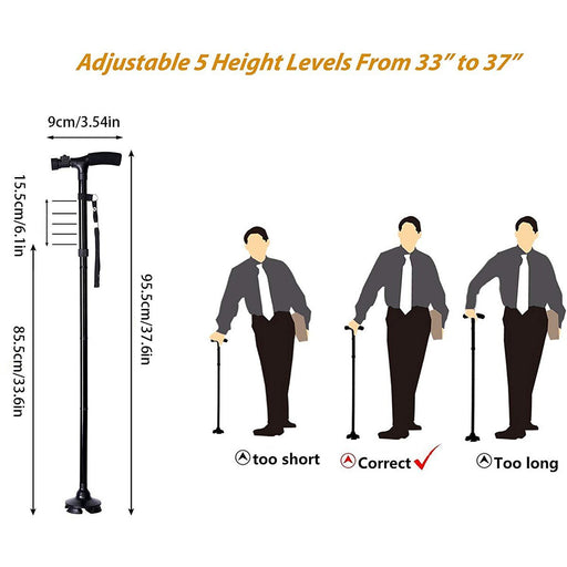 Folding Cane with LED Light Foldable Walking Stick Anti - Slip Disability Aluminium Cane Torch Adjustable Portable Emergency Lamp - Bivakshop