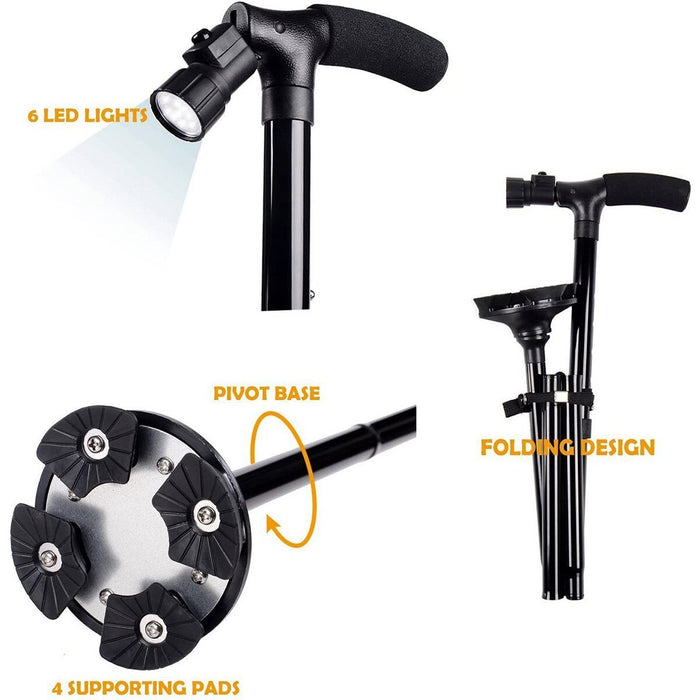 Folding Cane with LED Light Foldable Walking Stick Anti - Slip Disability Aluminium Cane Torch Adjustable Portable Emergency Lamp - Bivakshop