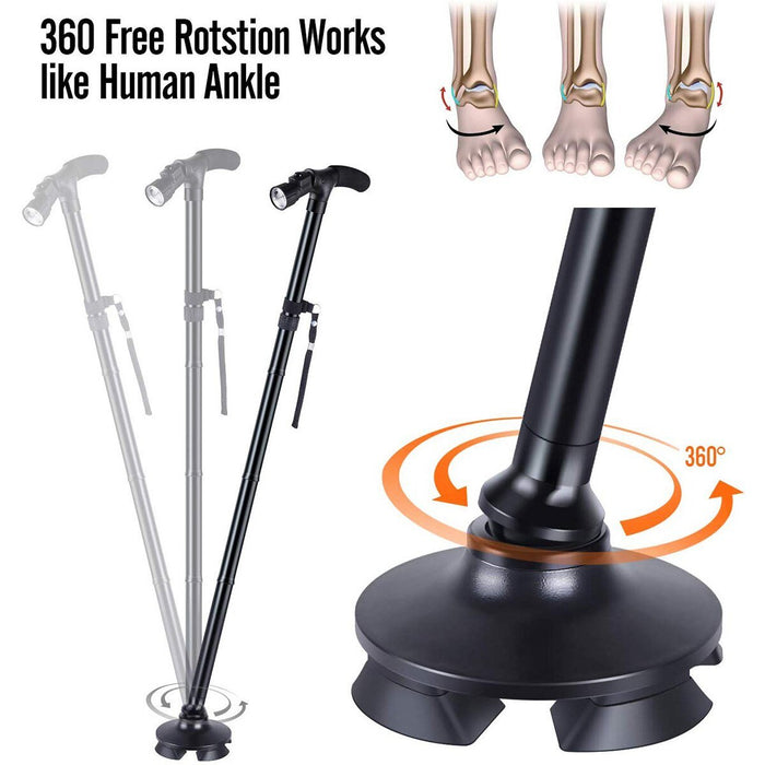 Folding Cane with LED Light Foldable Walking Stick Anti - Slip Disability Aluminium Cane Torch Adjustable Portable Emergency Lamp - Bivakshop