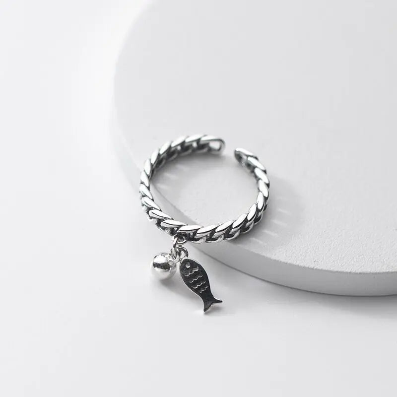 FOXANRY zilverkleurige ring voor dames - Vintage kettingontwerp met vis hanger - Modieuze sieraden - Bivakshop