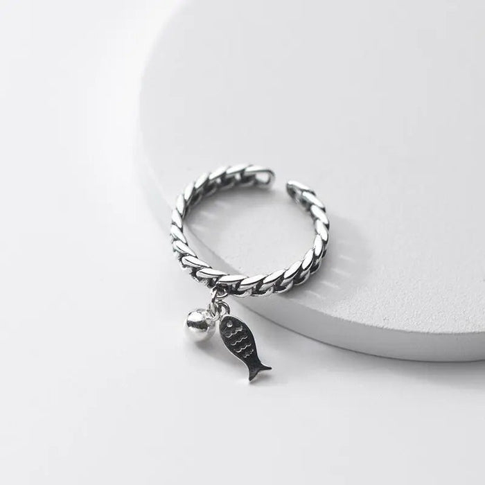 FOXANRY zilverkleurige ring voor dames - Vintage kettingontwerp met vis hanger - Modieuze sieraden - Bivakshop