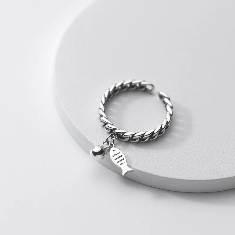 FOXANRY zilverkleurige ring voor dames - Vintage kettingontwerp met vis hanger - Modieuze sieraden - Bivakshop