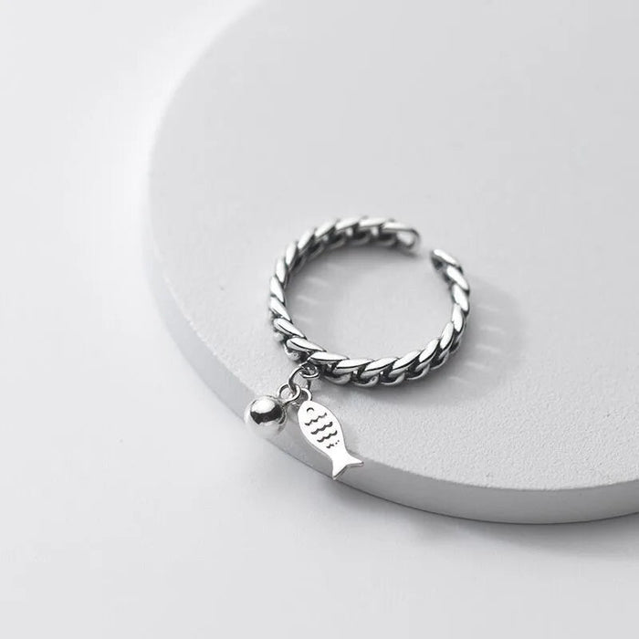 FOXANRY zilverkleurige ring voor dames - Vintage kettingontwerp met vis hanger - Modieuze sieraden - Bivakshop