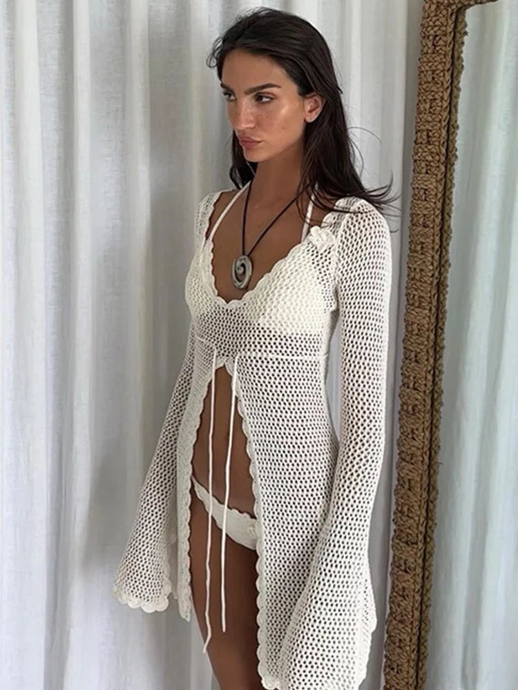 Gebreide crochet strandtuniek - Met split en lace up details - Voor dames - Bivakshop