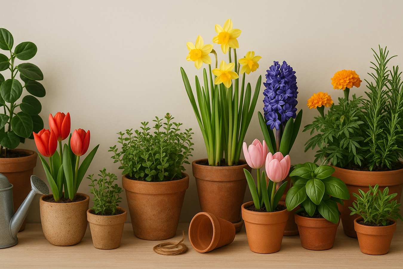 Generate a horizontal image for plants and flowers collection that has a text this on it "Natuur verzorgen, op natuurlijke wijze
Ontdek het plezier van tuinieren met je eigen handen—puur, eenvoudig en recht uit het hart." The text should nor be on image it will be placed on image seprately on middle left