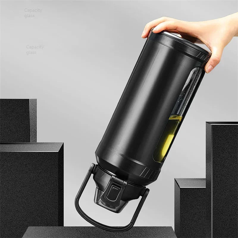 Glazen waterfles - 2L grote capaciteit - Verwijderbaar rietje & draaghendel - Hittebestendig borosilicaatglas - Bivakshop