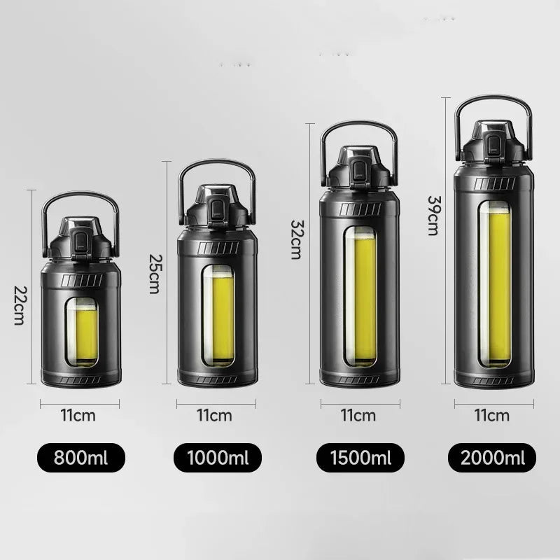 Glazen waterfles - 2L grote capaciteit - Verwijderbaar rietje & draaghendel - Hittebestendig borosilicaatglas - Bivakshop