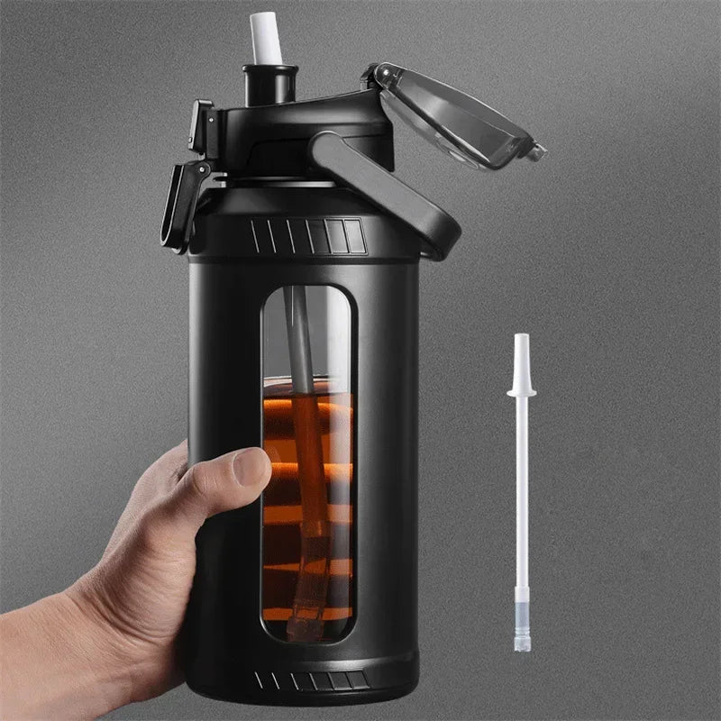 Glazen waterfles - 2L grote capaciteit - Verwijderbaar rietje & draaghendel - Hittebestendig borosilicaatglas - Bivakshop