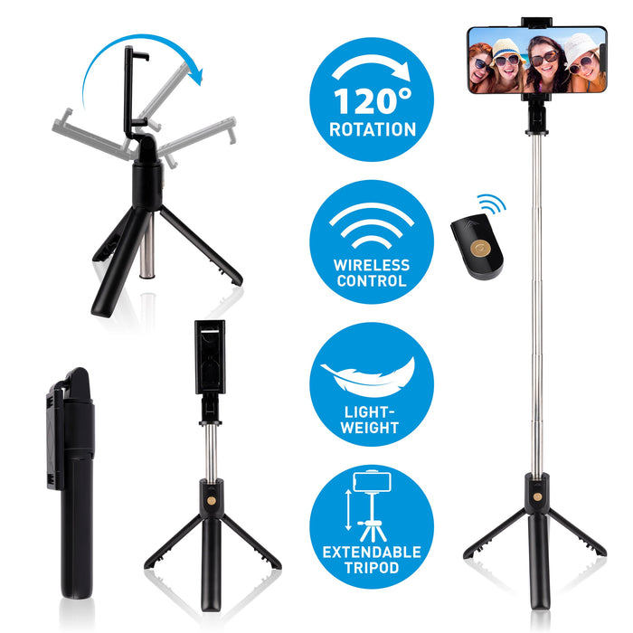 Grundig - Selfie Stick met Statief (Tripod) – Bluetooth Afstandsbediening – Verstelbaar & Draagbaar - Bivakshop