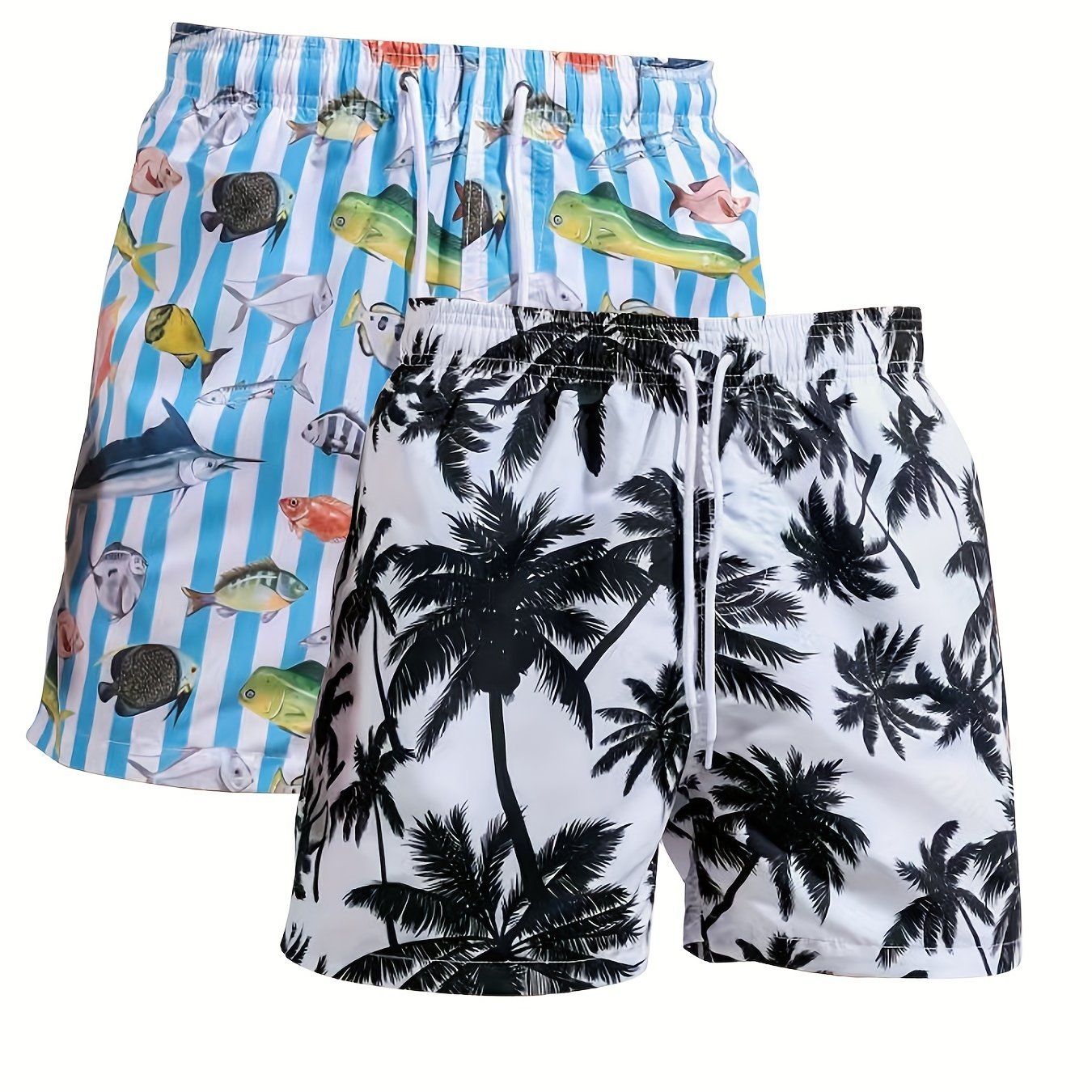 Heren boardshorts met kokosbomen en vis - Trekkoord zakken - Casual zomerstrandshorts - Bivakshop