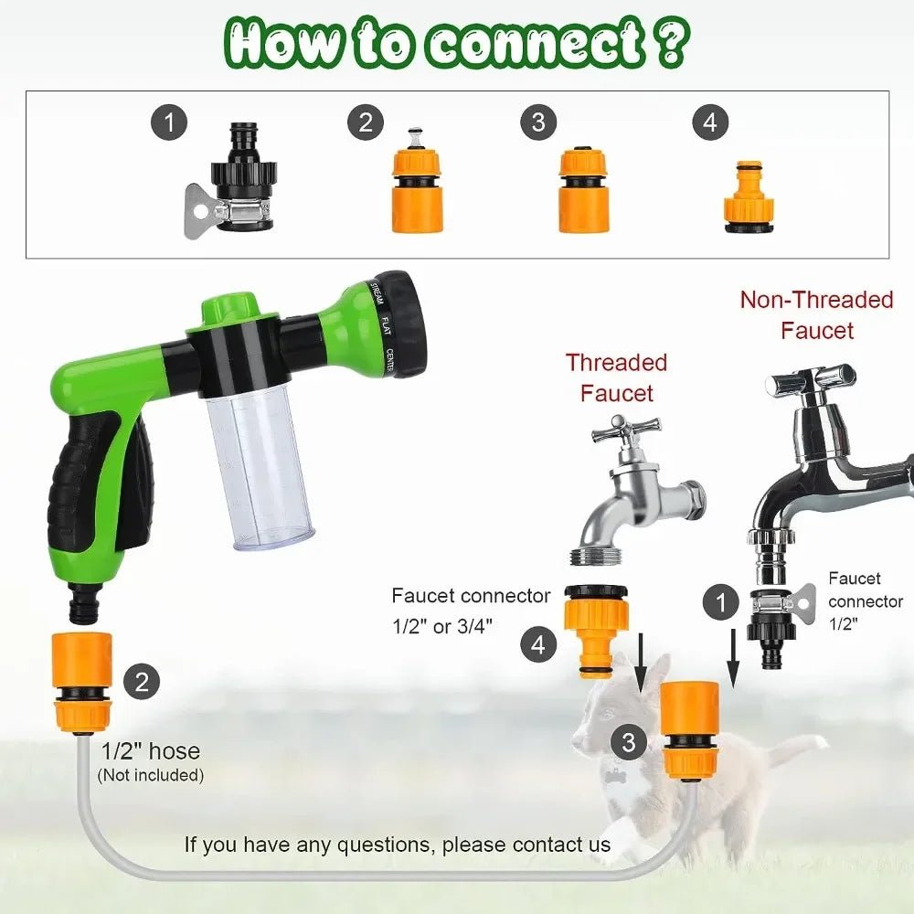 Hond douche sproeier - 8 in 1 - Hoge drukslang foamfunctie - Bivakshop
