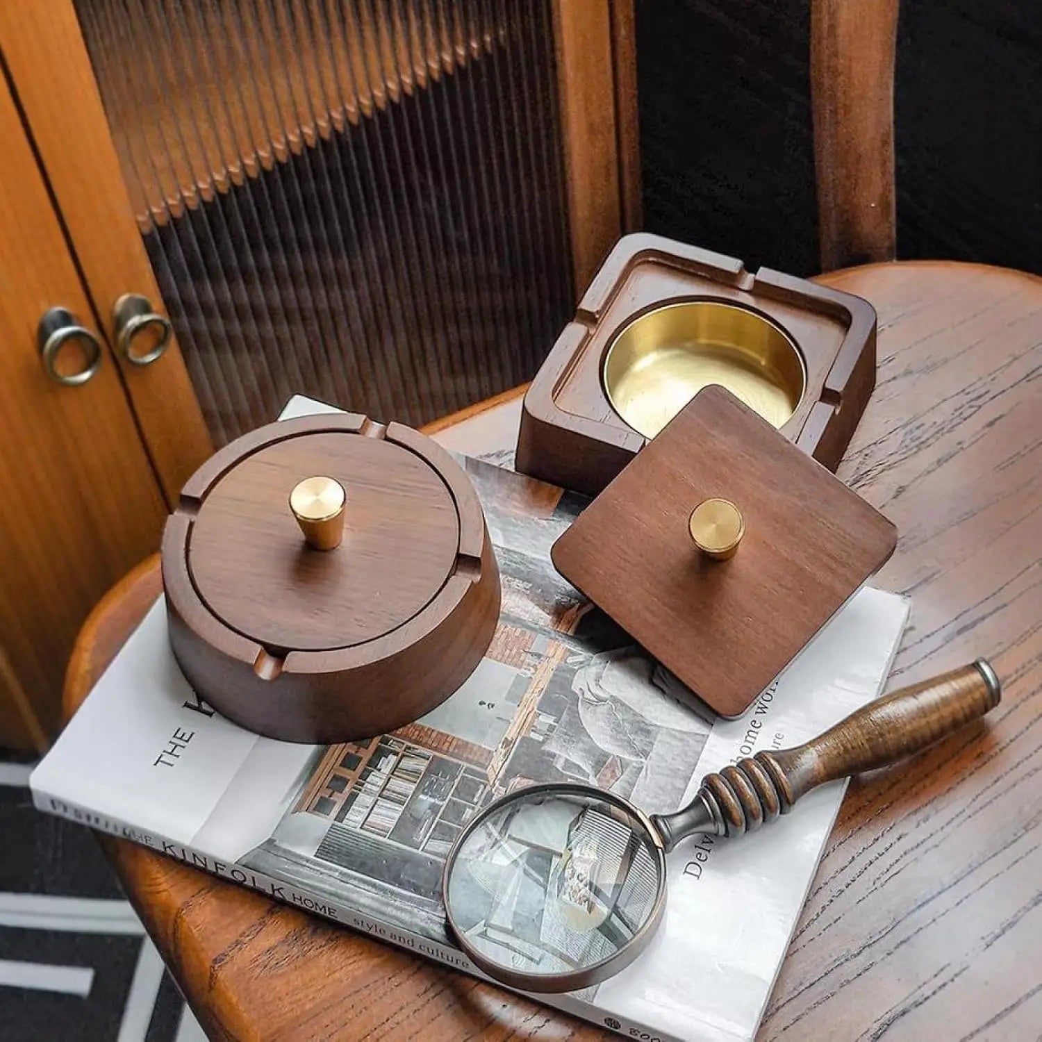 Houten asbak met deksel - RVS bekleding - Stijlvolle asbak voor kantoor en woonkamer - Bivakshop