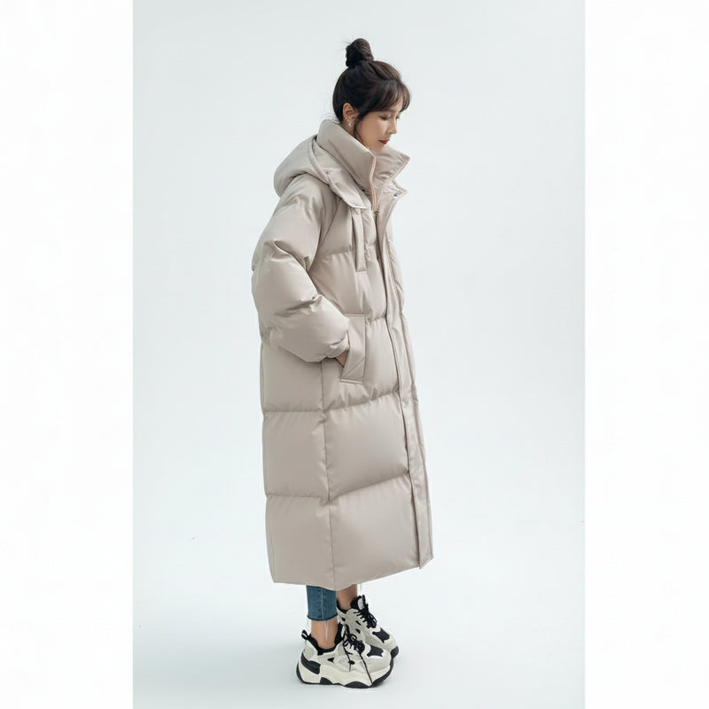 Extra lange dames winterparka met kap, warme katoenen jas