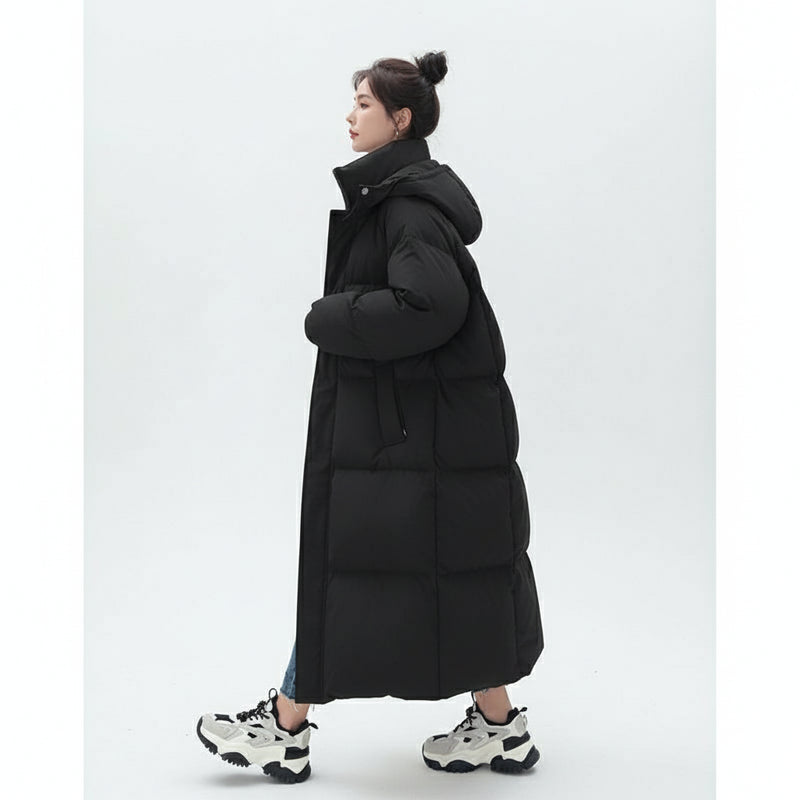 Extra lange dames winterparka met kap, warme katoenen jas