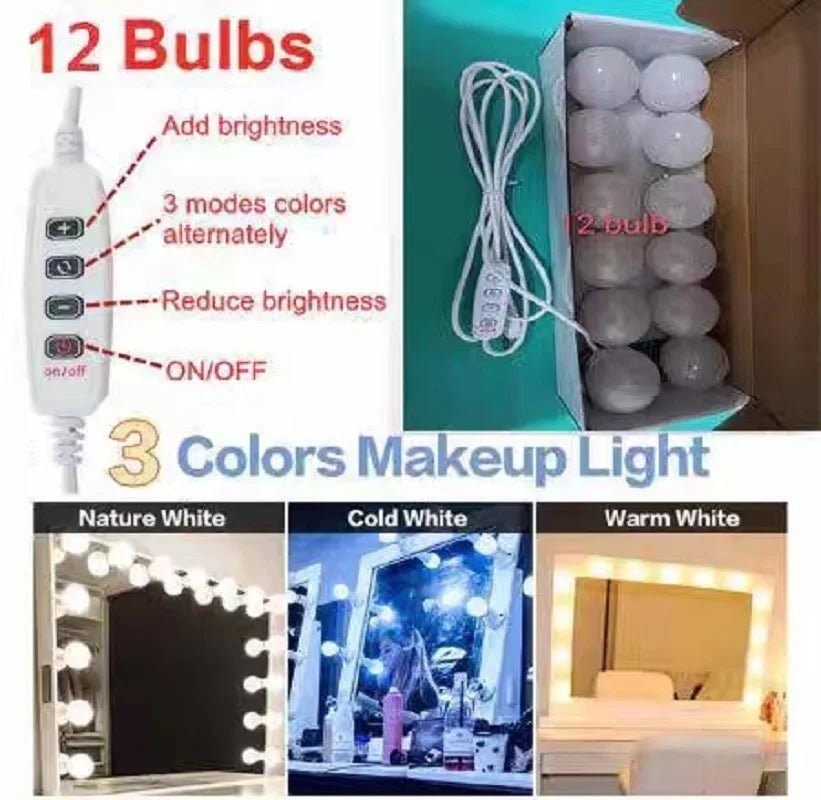 LED make - up spiegelverlichting - USB - aangedreven, dimbaar - Set van 10 lampen - Bivakshop