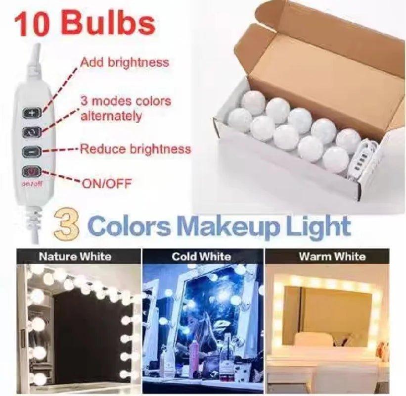 LED make - up spiegelverlichting - USB - aangedreven, dimbaar - Set van 10 lampen - Bivakshop