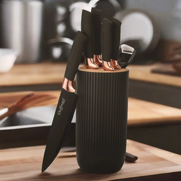 Luxe Cheffinger 7 - delig messenset - Zwarte messen met roségouden accenten en handig messenblok - Bivakshop