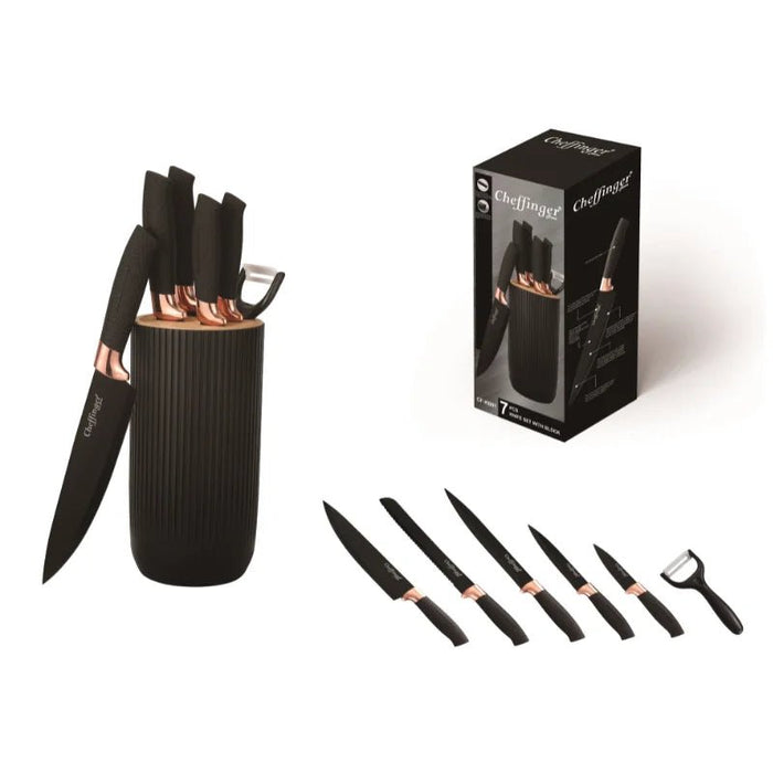 Luxe Cheffinger 7 - delig messenset - Zwarte messen met roségouden accenten en handig messenblok - Bivakshop