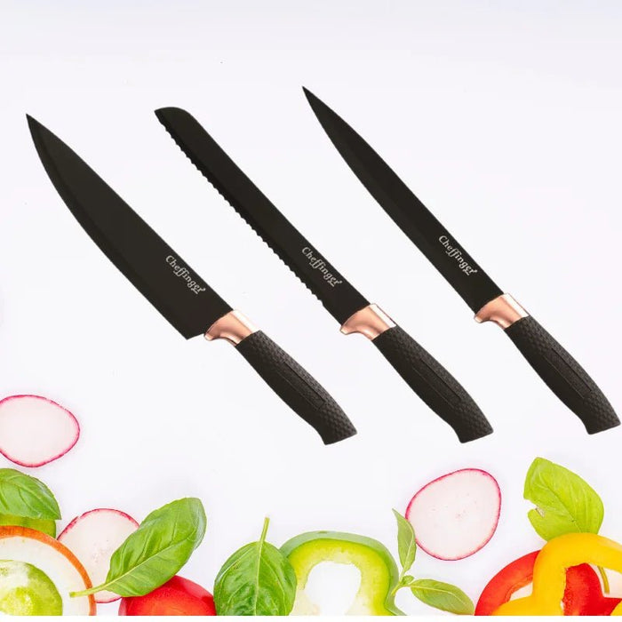 Luxe Cheffinger 7 - delig messenset - Zwarte messen met roségouden accenten en handig messenblok - Bivakshop