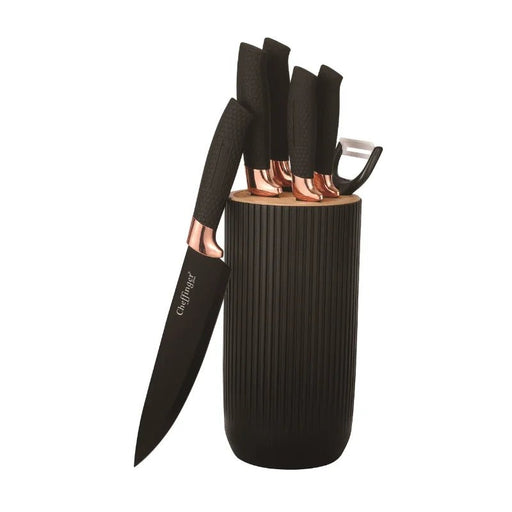 Luxe Cheffinger 7 - delig messenset - Zwarte messen met roségouden accenten en handig messenblok - Bivakshop