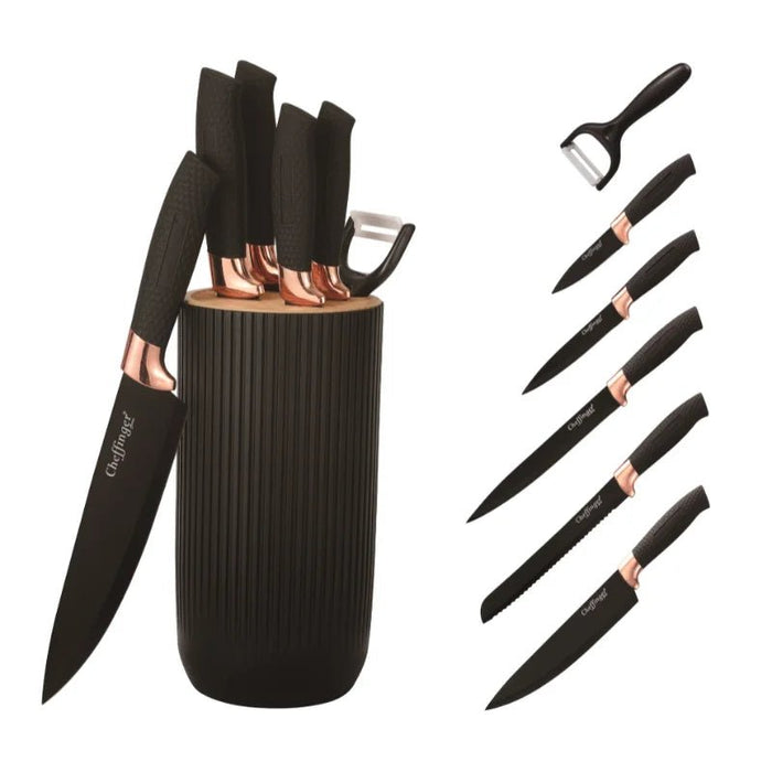 Luxe Cheffinger 7 - delig messenset - Zwarte messen met roségouden accenten en handig messenblok - Bivakshop