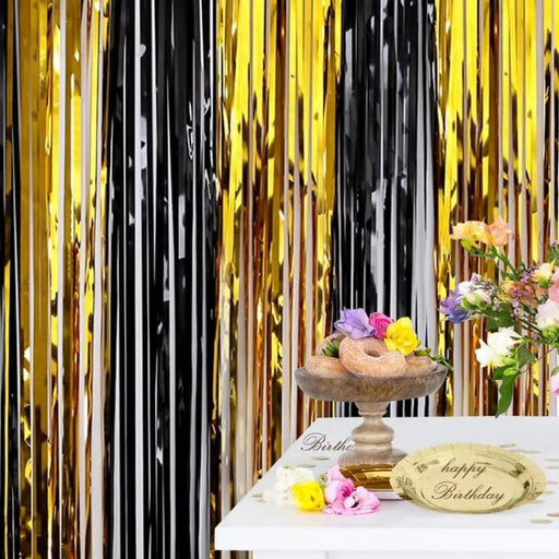 Luxe Glitter Fringe Gordijnen (Zwart & Goud) – Tinsel Folie Achtergrond – Glamoureuze Feestdecoratie - Bivakshop