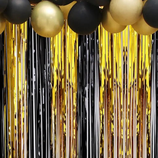 Luxe Glitter Fringe Gordijnen (Zwart & Goud) – Tinsel Folie Achtergrond – Glamoureuze Feestdecoratie - Bivakshop