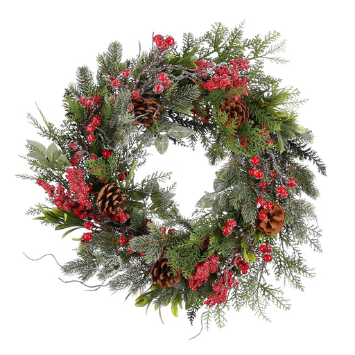 Mica Decorations – Kerstkrans Ø50 cm – Besneeuwd met Rode Besjes - Bivakshop