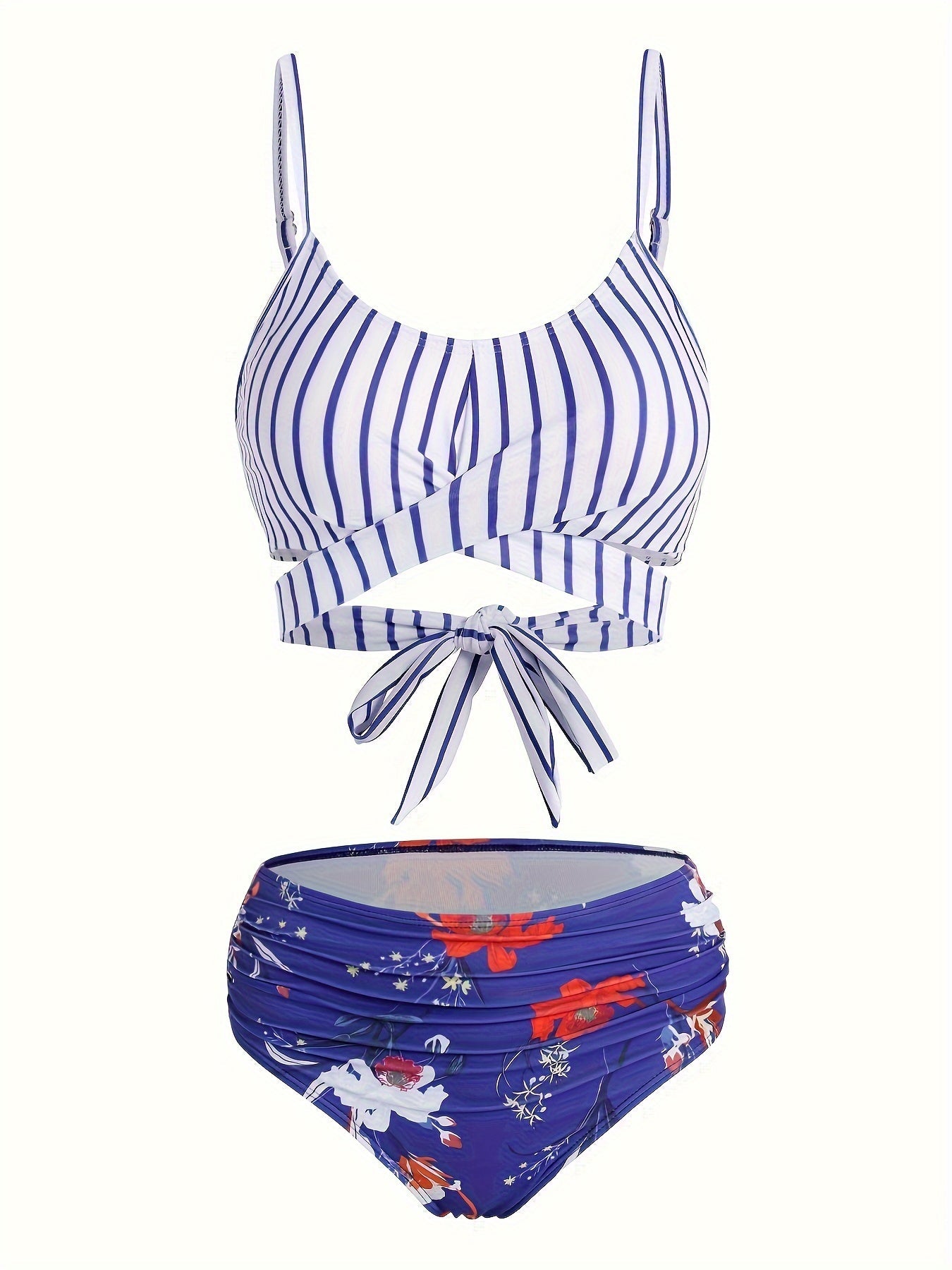 Moxdo - Chique bloemen en strepen bikini set strikdetail - Hoog rekbaar machinewasbaar - Bivakshop
