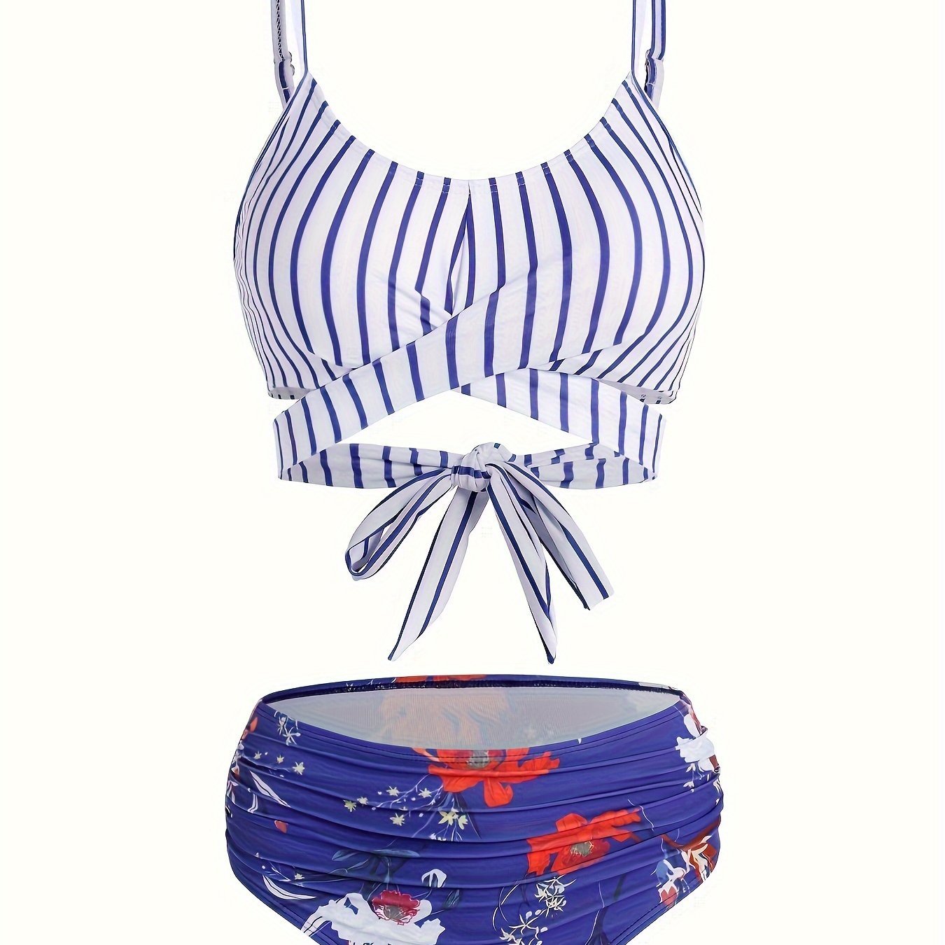 Moxdo - Chique bloemen en strepen bikini set strikdetail - Hoog rekbaar machinewasbaar - Bivakshop