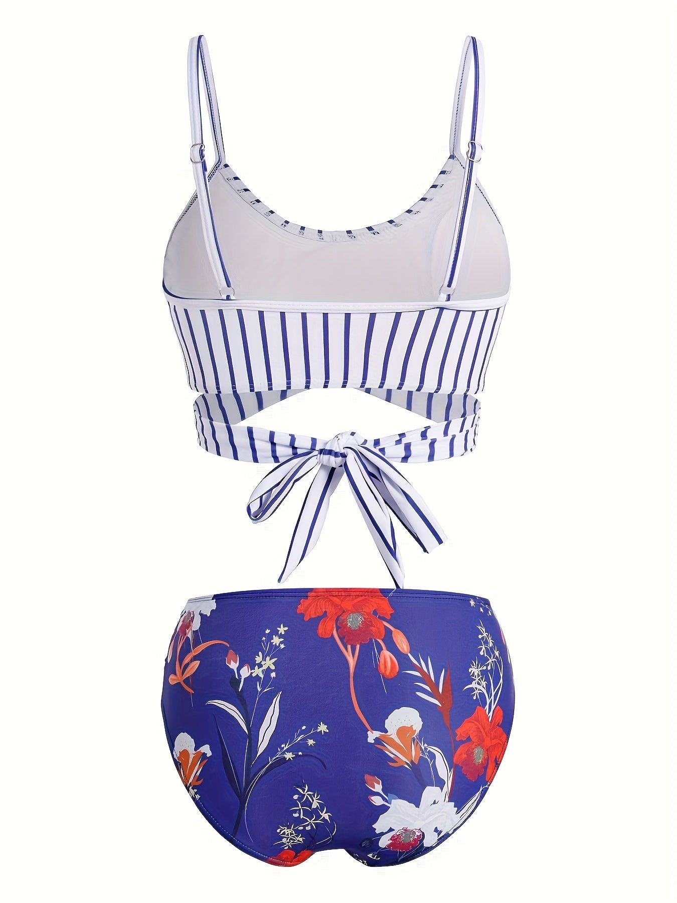 Moxdo - Chique bloemen en strepen bikini set strikdetail - Hoog rekbaar machinewasbaar - Bivakshop