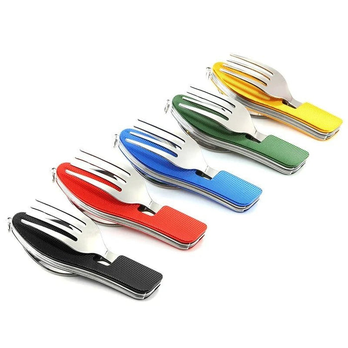 Multifunctioneel outdoor bestekset - Roestvrijstalen mes, vork, lepel & flesopener voor kamperen en reizen - Bivakshop