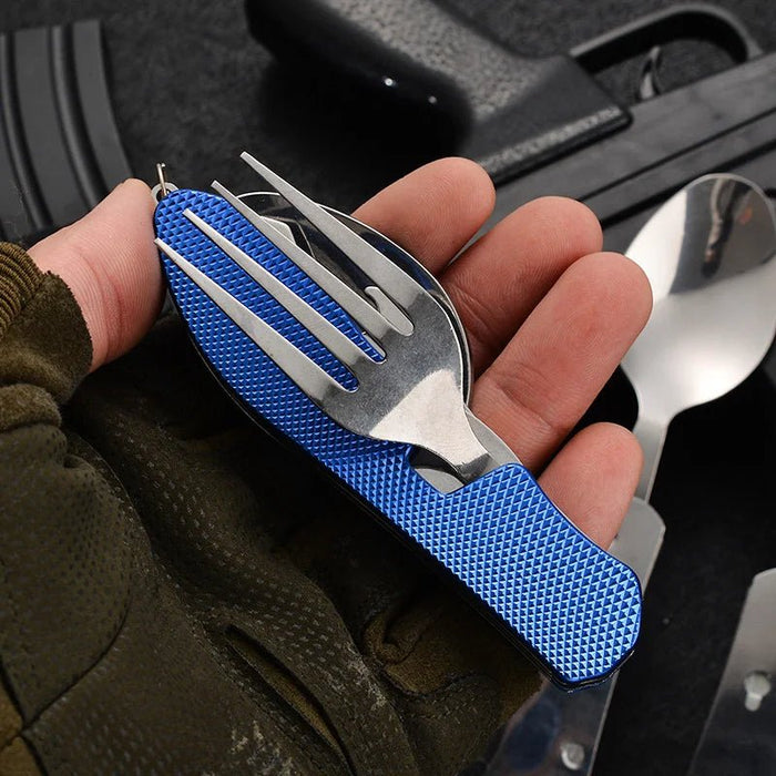 Multifunctioneel outdoor bestekset - Roestvrijstalen mes, vork, lepel & flesopener voor kamperen en reizen - Bivakshop