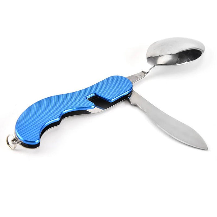 Multifunctioneel outdoor bestekset - Roestvrijstalen mes, vork, lepel & flesopener voor kamperen en reizen - Bivakshop