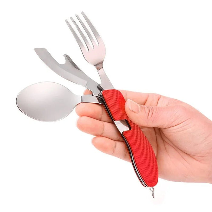 Multifunctioneel outdoor bestekset - Roestvrijstalen mes, vork, lepel & flesopener voor kamperen en reizen - Bivakshop