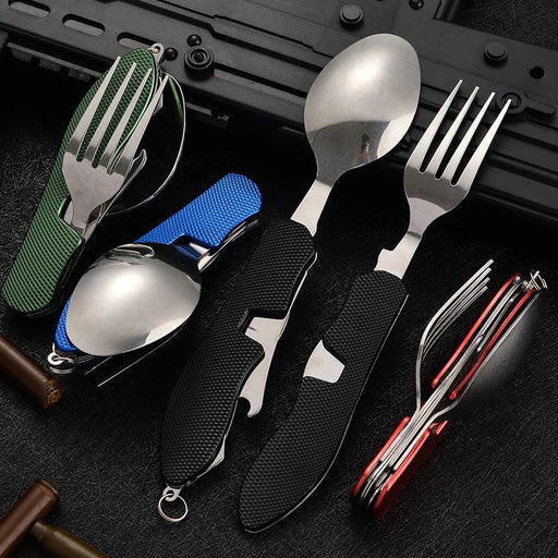 Multifunctioneel outdoor bestekset - Roestvrijstalen mes, vork, lepel & flesopener voor kamperen en reizen - Bivakshop