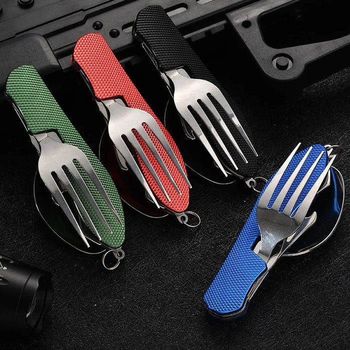 Multifunctioneel outdoor bestekset - Roestvrijstalen mes, vork, lepel & flesopener voor kamperen en reizen - Bivakshop