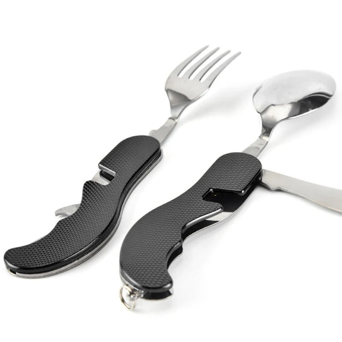 Multifunctioneel outdoor bestekset - Roestvrijstalen mes, vork, lepel & flesopener voor kamperen en reizen - Bivakshop