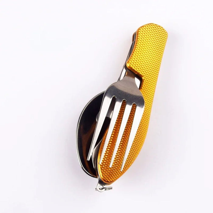 Multifunctioneel outdoor bestekset - Roestvrijstalen mes, vork, lepel & flesopener voor kamperen en reizen - Bivakshop